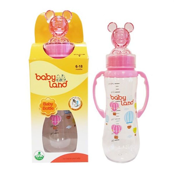 شیشه شیر عروسکی فندقی دسته‌دار صورتی 240 میل بی بی لند